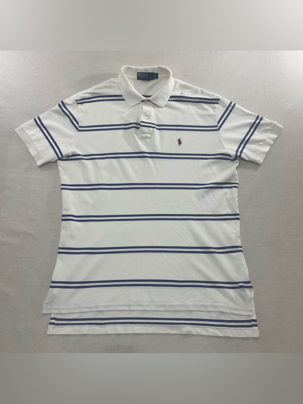 VTG Polo Ralph Lauren Shirt Men L, White w Navy Blue Stripes & Red Pony Logo